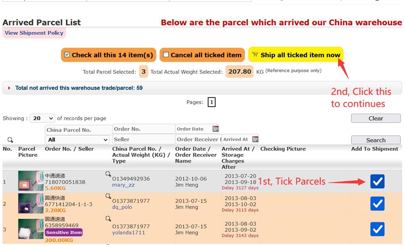 Tick your parcel for submit shipment